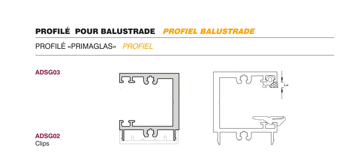Coupe transversale du profilé Primaglas ADSG03 + ADSG02 (catalogue Aludan)